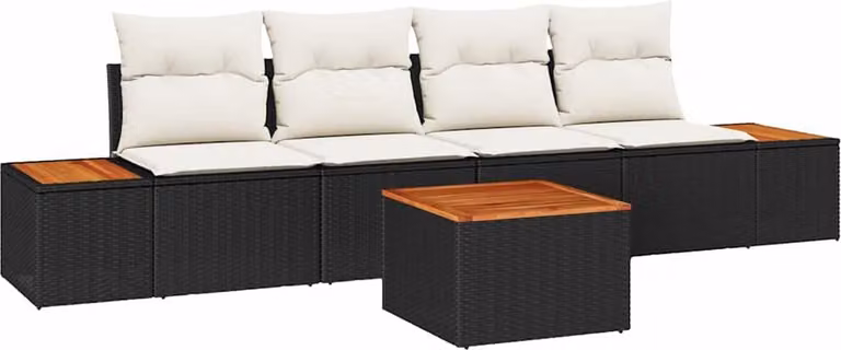 Set Divano da Giardino con cuscino 5 pcs Nero Poly Rattan