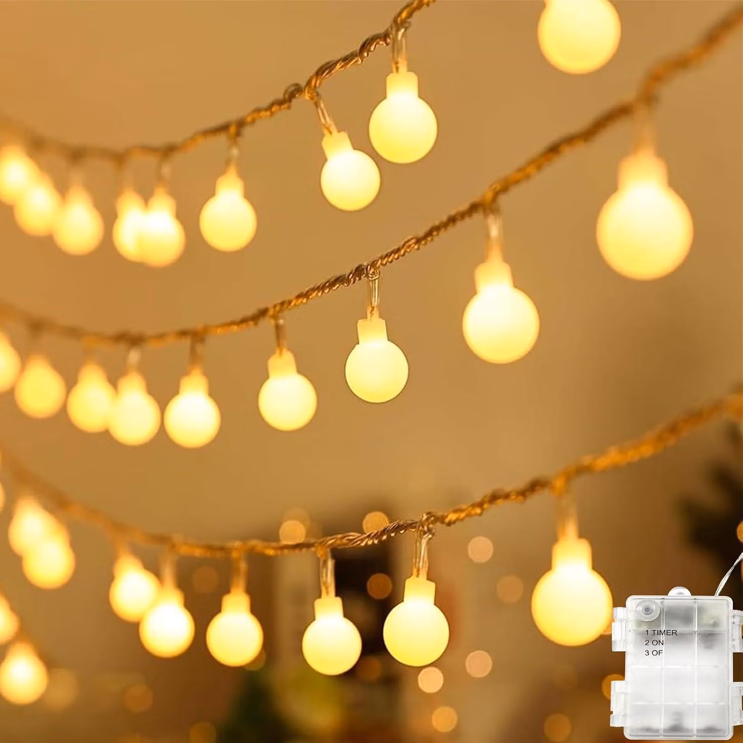 Catena luminosa - 30 LED - A energia solare - Grado di protezione IP65 (resistente all'acqua) - Con timer - Luce bianco caldo - Ideale per Natale