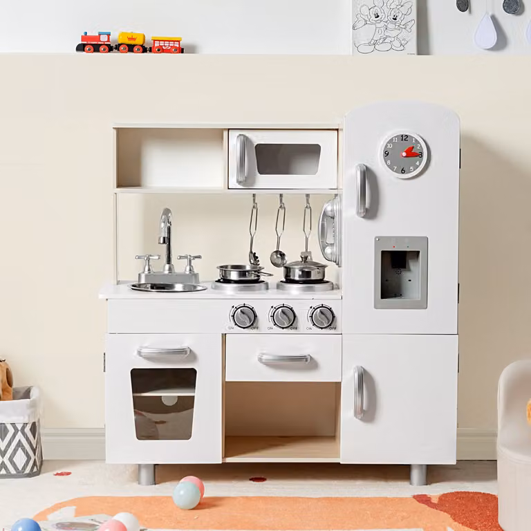 Cucinetta giocattolo in legno Costway con telefono, piano cottura, frigo e lavello rimovibile, colore bianco