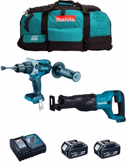 Kit Makita MK209 con Trapano Avvitatore DHP481, Smerigliatrice DJR186, 2 Batterie da 5,0 Ah e Caricatore DC18RC della linea LXT