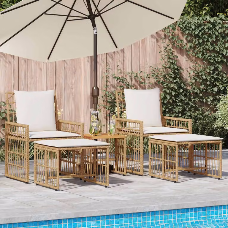 Set di mobili da esterno vidaXL in legno di acacia oliato e rattan, 5 pezzi, colore naturale e beige per giardino, balcone o terrazza