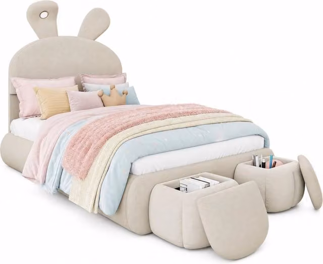 Letto bimbi 90x200 beige in velluto, orecchie LED, pouf contenitore, senza materasso