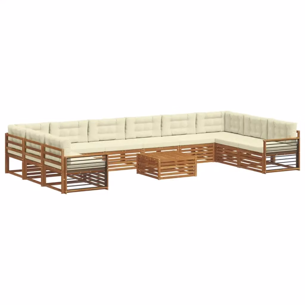 Set di divani da giardino vidaXL in legno di acacia massello con tavolino, 11 pezzi, beige e bianco – 2