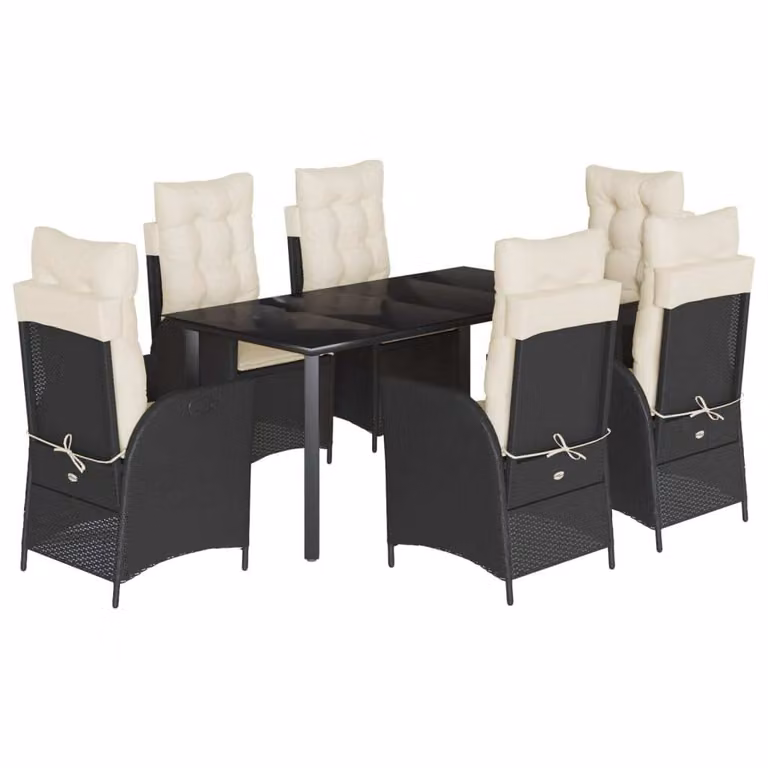 Set da Pranzo da Giardino 7 pz Nero con Cuscini in Polyrattan