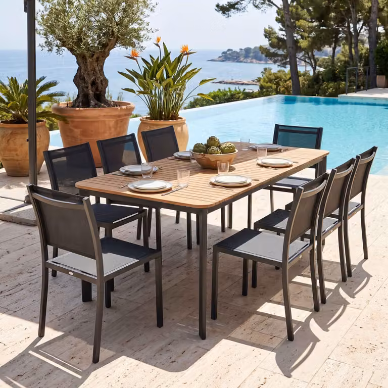 Tavolo da giardino in alluminio/teak e 8 sedie - Oviala Tempa