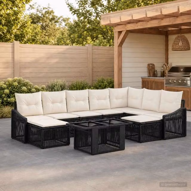Set Divano da Giardino 10 pz Nero e Bianco Crema polyrattan 3437338
