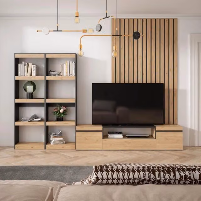 Mobile TV, Soggiorno, 320x35x186cm, Per TV fino a 80", Set di mobili, colore Rovere e nero RF2601