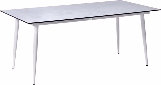 Tavolo da giardino con piano in HPL grigio chiaro e struttura in alluminio bianco resistente ai raggi UV all'acqua per esterni, in stile moderno