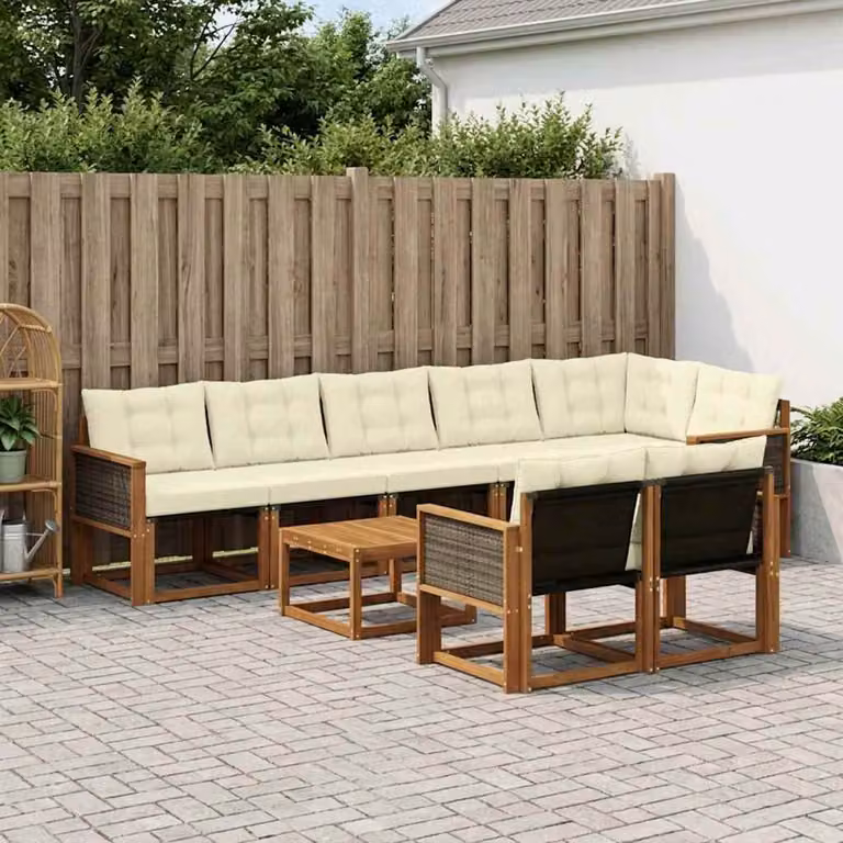 vidaXL Set di divani da esterno componibile a L in legno di acacia con tavolino e cuscini, Beige e Bianco