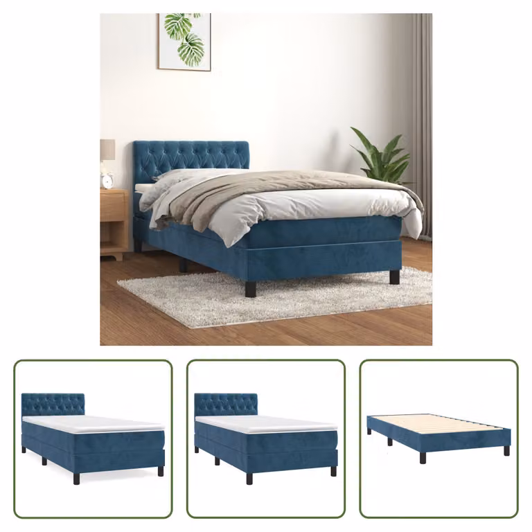 The Living Store Letto a molle con materasso blu scuro 100x200 cm in velluto