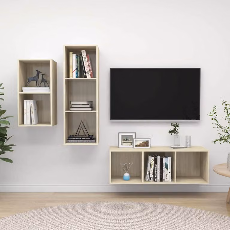 Set Mobili TV Moderno vidaXL in Legno Multistrato e MDF, Colore Rovere e Beige, da Appendere alla Parete per il Soggiorno