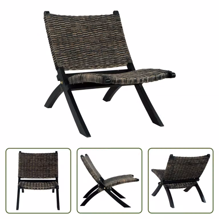 The Living Store Sedia relax nera in rattan naturale Kubu e legno massiccio di mogano