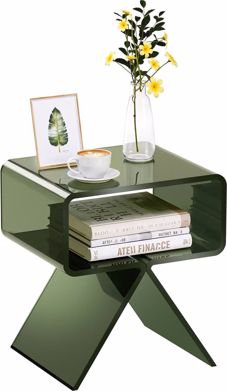 Tavolino in acrilico - Comodino/tavolino da salotto - Trasparente con ripiano - Rettangolare - Dimensioni 30 x 39,1 x 43 cm - Design moderno - Verde