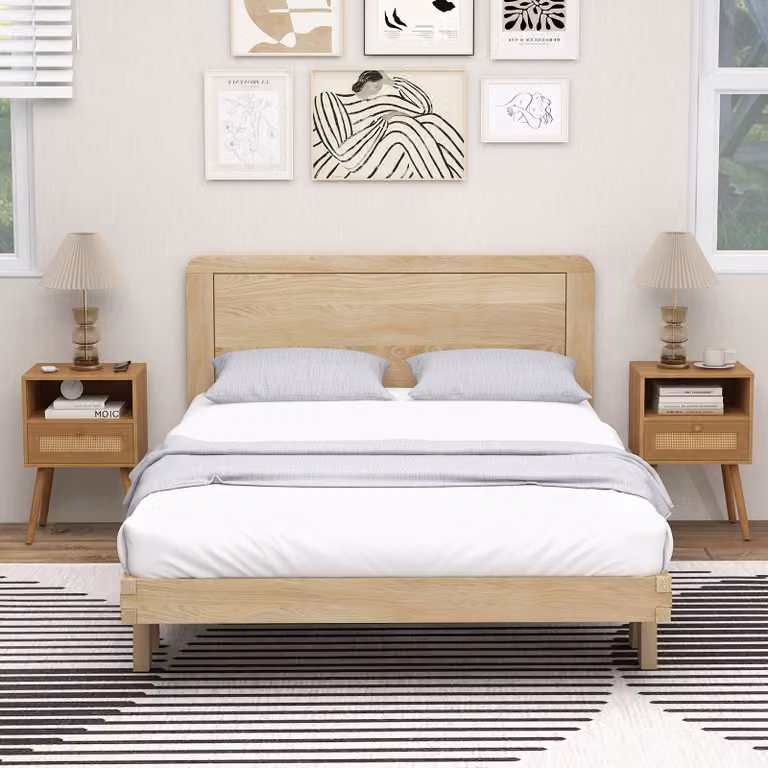 Set di 2 comodini Costway in rattan e legno stile boho, colore beige e marrone, ideali per camera da letto o soggiorno