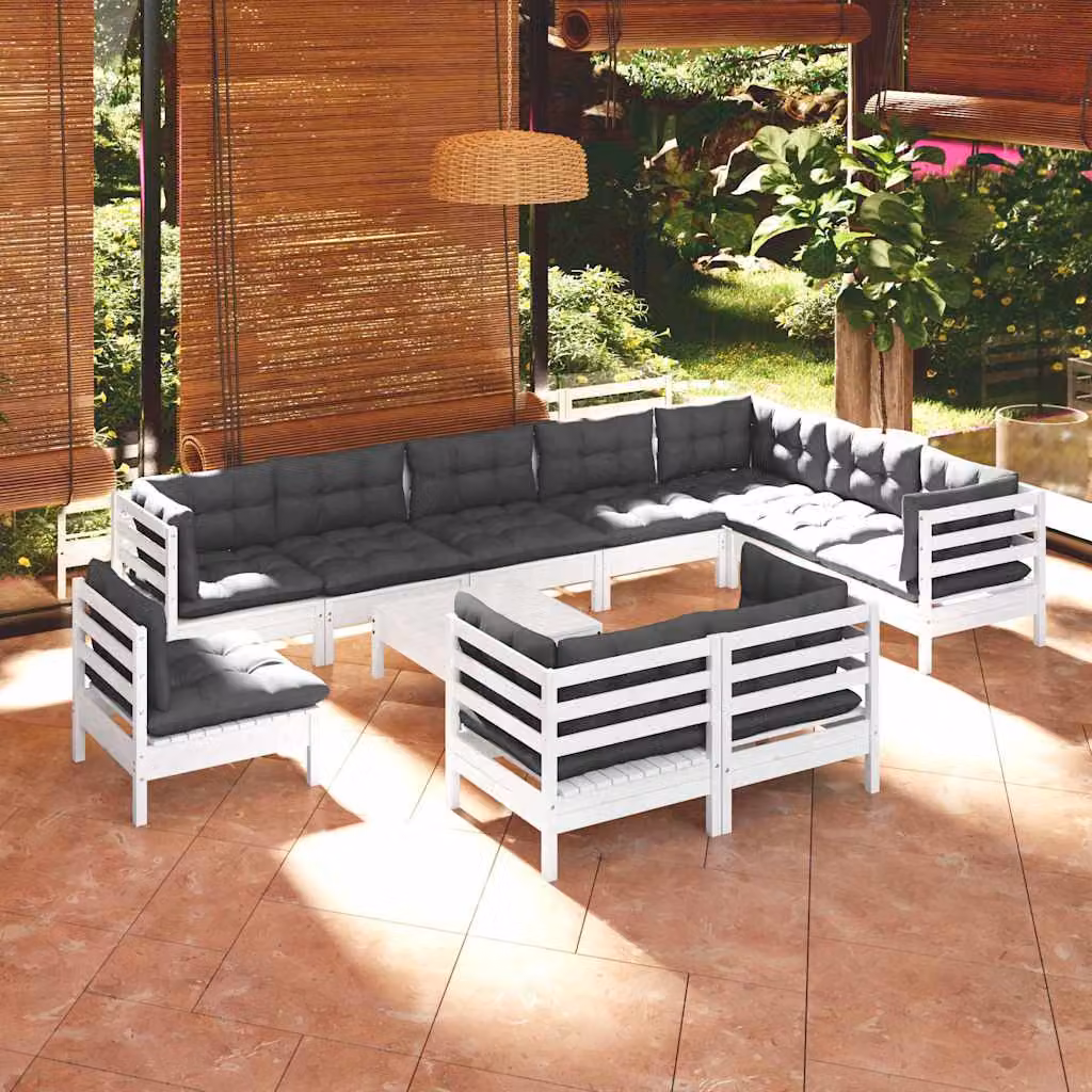 Set di divani da giardino vidaXL a forma di U composto da 11 pezzi in legno di pino con cuscini bianchi e antracite