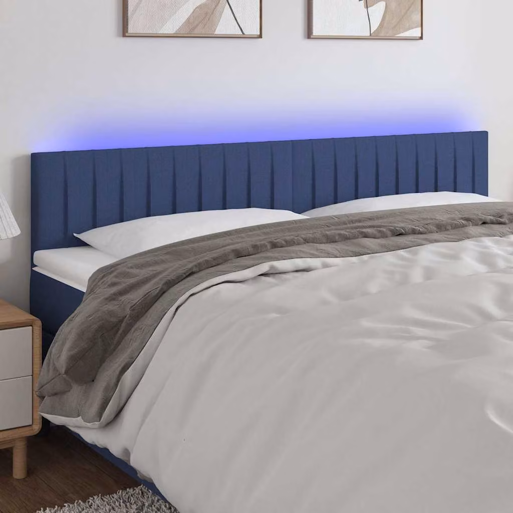 Testiera per letto vidaXL in tessuto blu con illuminazione LED e porta di ricarica USB, L: 160 cm, P: 5 cm, H: 78-88 cm