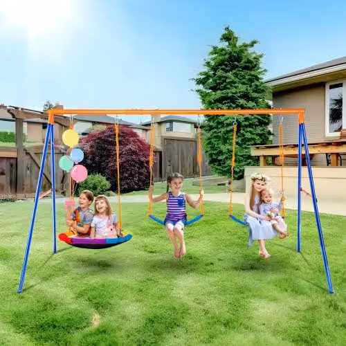 Altalena da giardino VEVOR per bambini con telaio ad A resistente, include 1 sedile a piattino e 2 sedili con cintura, colore blu, capacità massima 272 kg