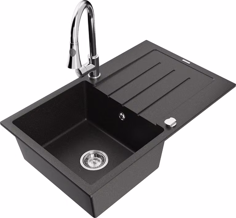 Mexen Bruno lavello in granito a 1 vasca con scolapiatti e rubinetto da cucina Elia, nero/oro metallizzato - 6513-75-670101-00