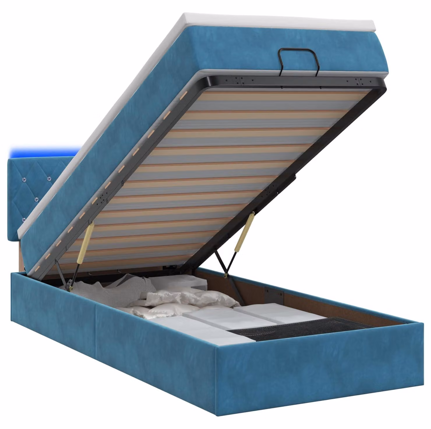Panca contenitore con materasso e luci LED, colore blu scuro, dimensioni 90 x 200 cm, rivestita in velluto