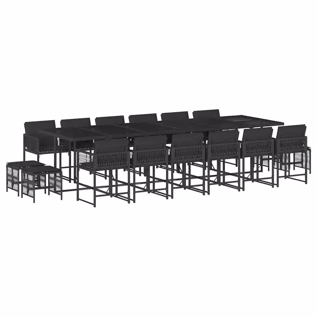 Set da Pranzo da Giardino vidaXL in Polyrattan Nero con Cuscini e Tavolo in Vetro, 17 Pezzi – 2
