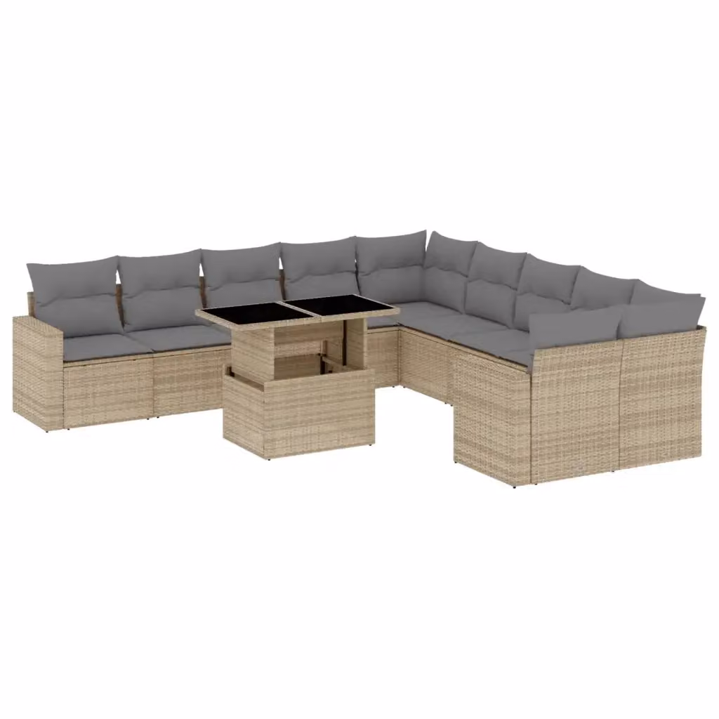 Set di Divani da Giardino a Forma di U vidaXL con 11 Pezzi, Cuscini Beige e Tavolino, Design Moderno in Polyrattan e Metallo – 2