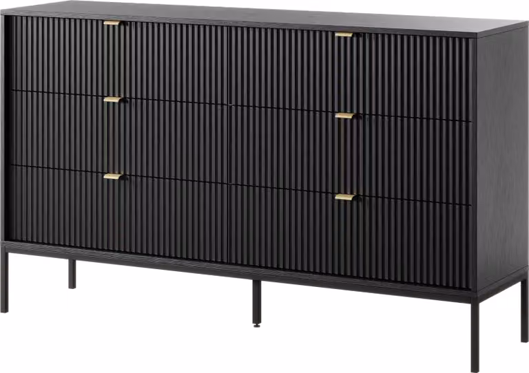 Cassettiera: 6 cassetti, nero, gambe nere, 154 x 39 x 83 cm