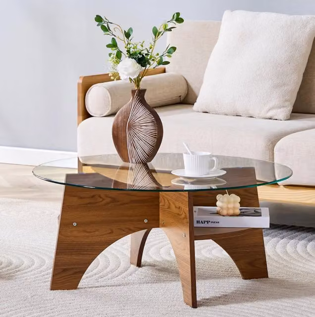 Tavolino rotondo Ø 80 cm in vetro temperato e MDF noce