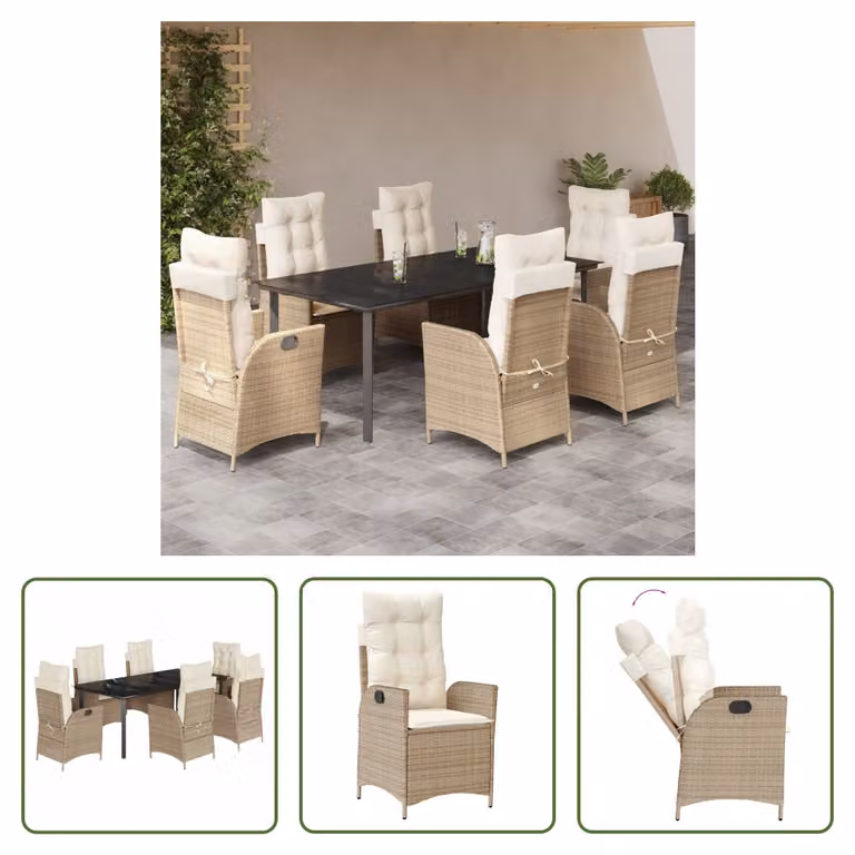 The Living Store Set da pranzo da giardino 7 pezzi con cuscini Beige poly rattan