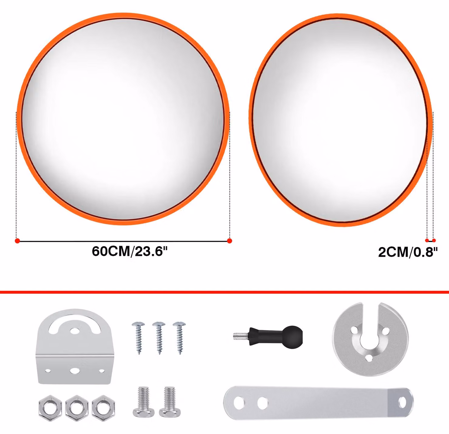 Specchio di sicurezza convesso da 60 cm - Angolo di visione di 130° - Altamente resistente e infrangibile - Montaggio a parete - Supporto regolabile con viti - Ideale per magazzini, uffici e parcheggi - Colore: arancione