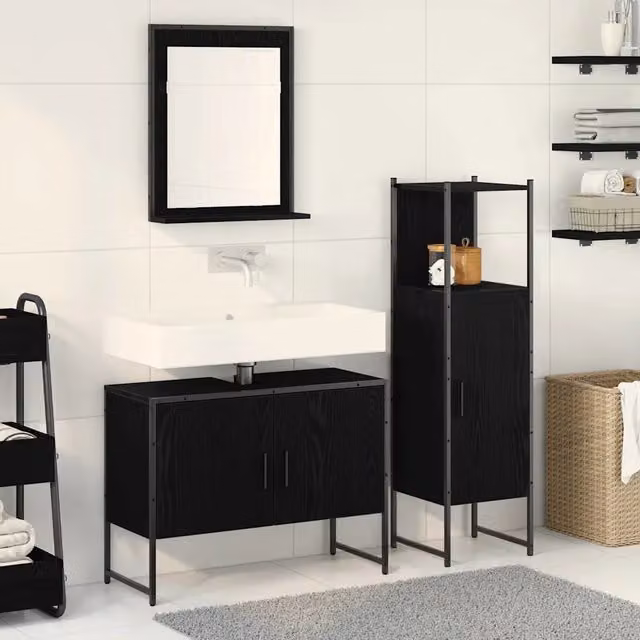 Set di mobili per il bagno moderno vidaXL in 3 pezzi nero opaco composto da armadietto con specchio, mobile lavabo e colonna alta L/P/H: 30 x 33 x 113.5 cm – 1