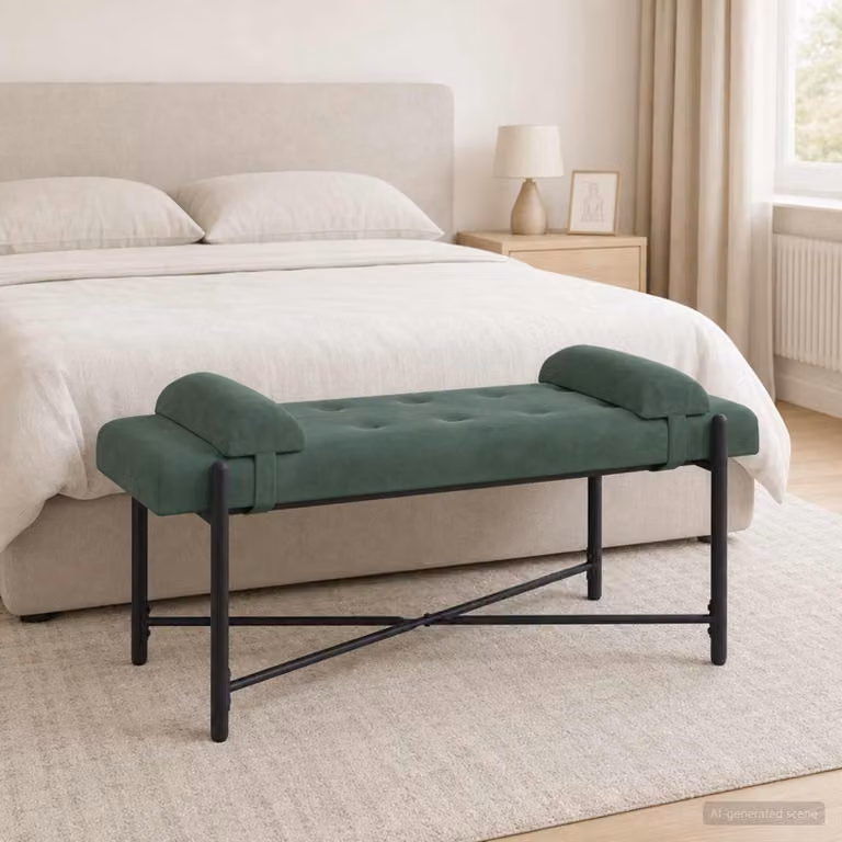 Panchina moderna vidaXL in velluto con bottoni e cuscini Verde, L 110 x P 40 x H 46 cm