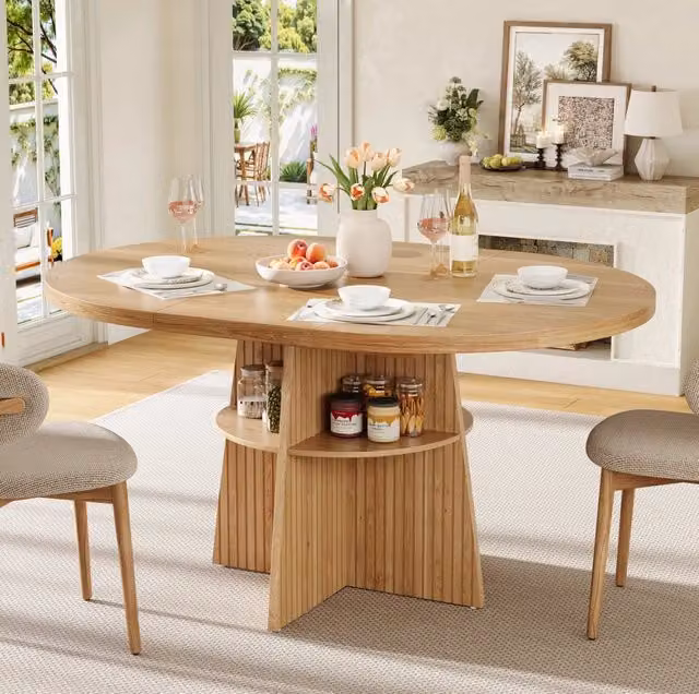 Tavolo da pranzo rotondo allungabile ULEVR 110-150x110x77,5 cm con ripiano integrato, MDF effetto legno naturale