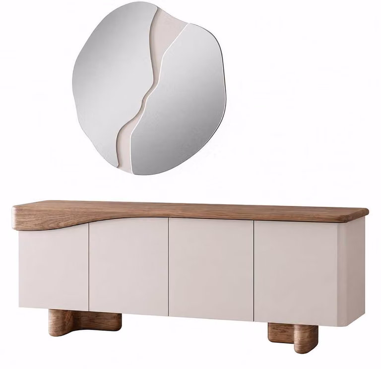 Set da pranzo completo con credenza e specchio, realizzato interamente in legno,