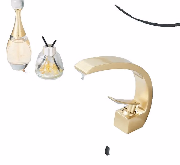 Miscelatore per lavabo, monocomando, design a risparmio idrico, finitura oro spazzolato