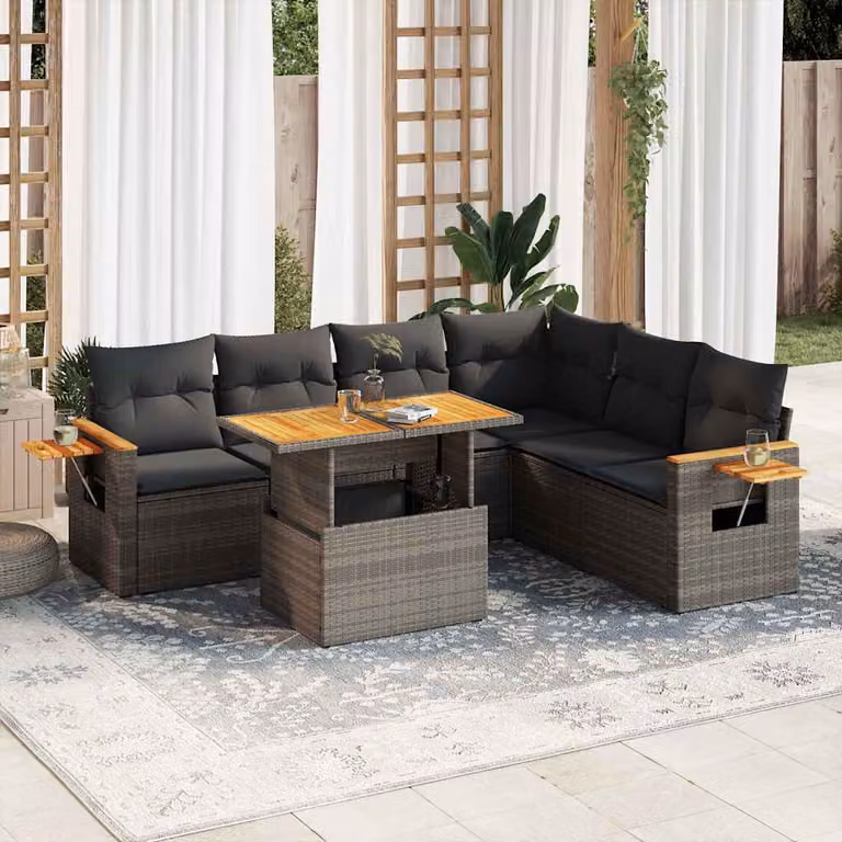 Set da giardino vidaXL composto da 7 pezzi con divano ad angolo, tavolino e cuscini in polyrattan e legno di acacia, colore grigio