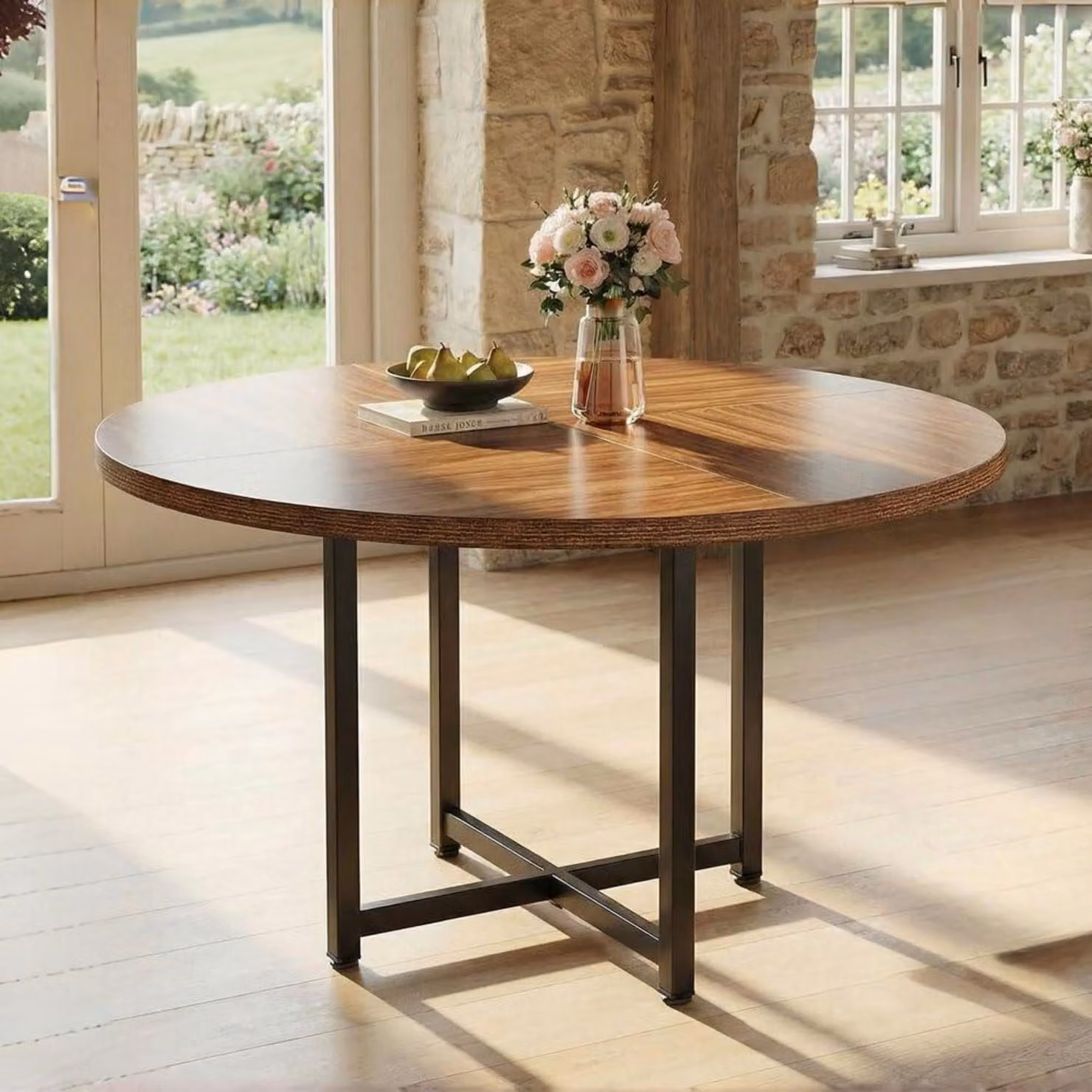 Tavolo rotondo da pranzo, diametro 120 cm, stile industriale, struttura in metallo, design salvaspazio, colore nero, finitura rustica marrone