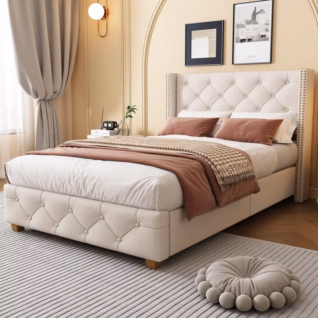 Letto imbottito KOMHTOM in lino beige L/P/H: 100 x 205 x 108 cm – 2