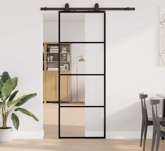 Porta Scorrevole Moderna VIDAXL in Vetro Trasparente con Ferramenta Nera in Alluminio L: 76 cm, H: 205 cm