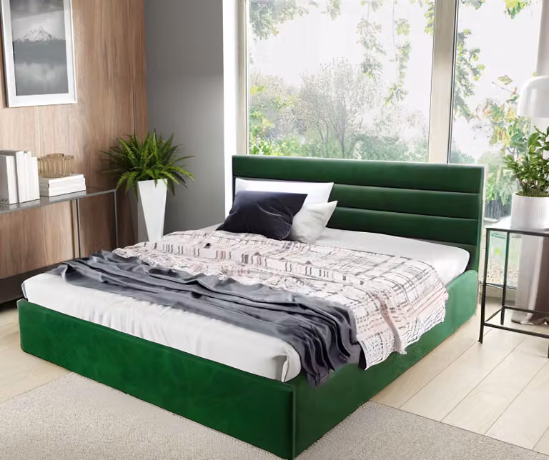 Letto imbottito GUTTO 90x200 a doghe metalliche in tessuto vellutato verde con box letto e vano contenitore