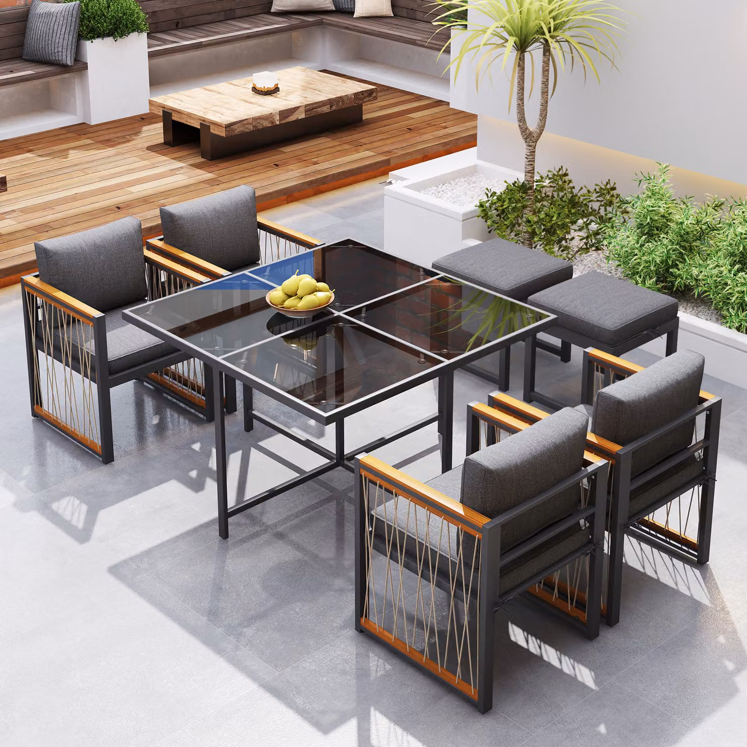 LVHOM Set da pranzo da giardino 7 pezzi, set di mobili da giardino con cuscini, set da salotto da giardino in acacia, gruppo di sedute in polyrattan, set da salotto da balcone per 6 persone