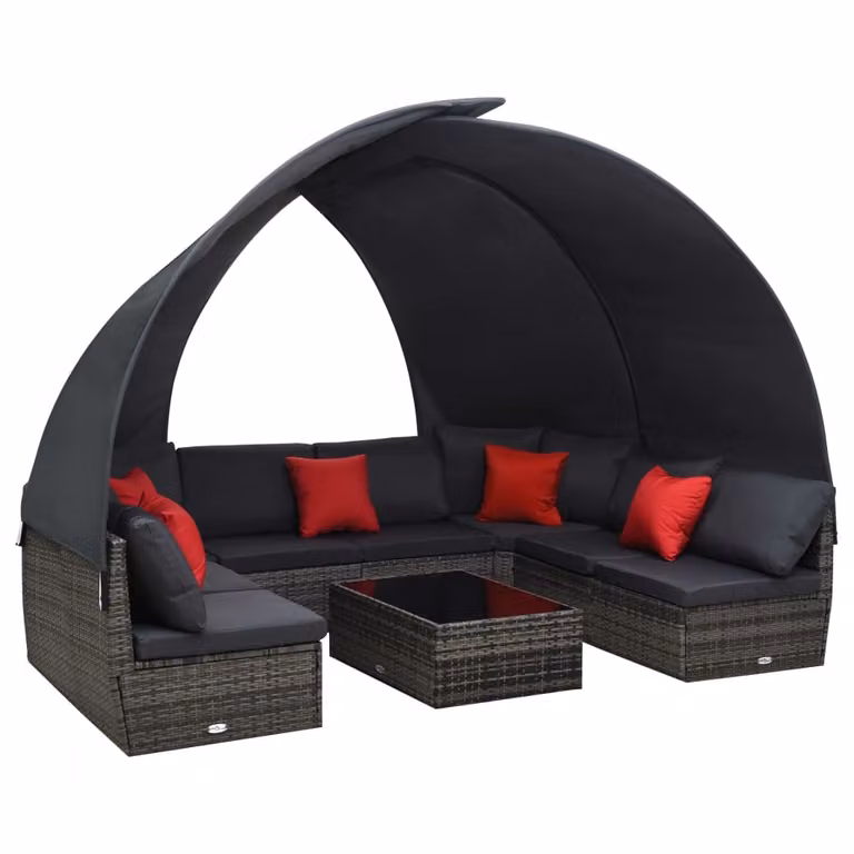 Set da esterno esclusivo per giardino, composto da 9 pezzi, con tettoia parasole, realizzato in rattan sintetico grigio antracite