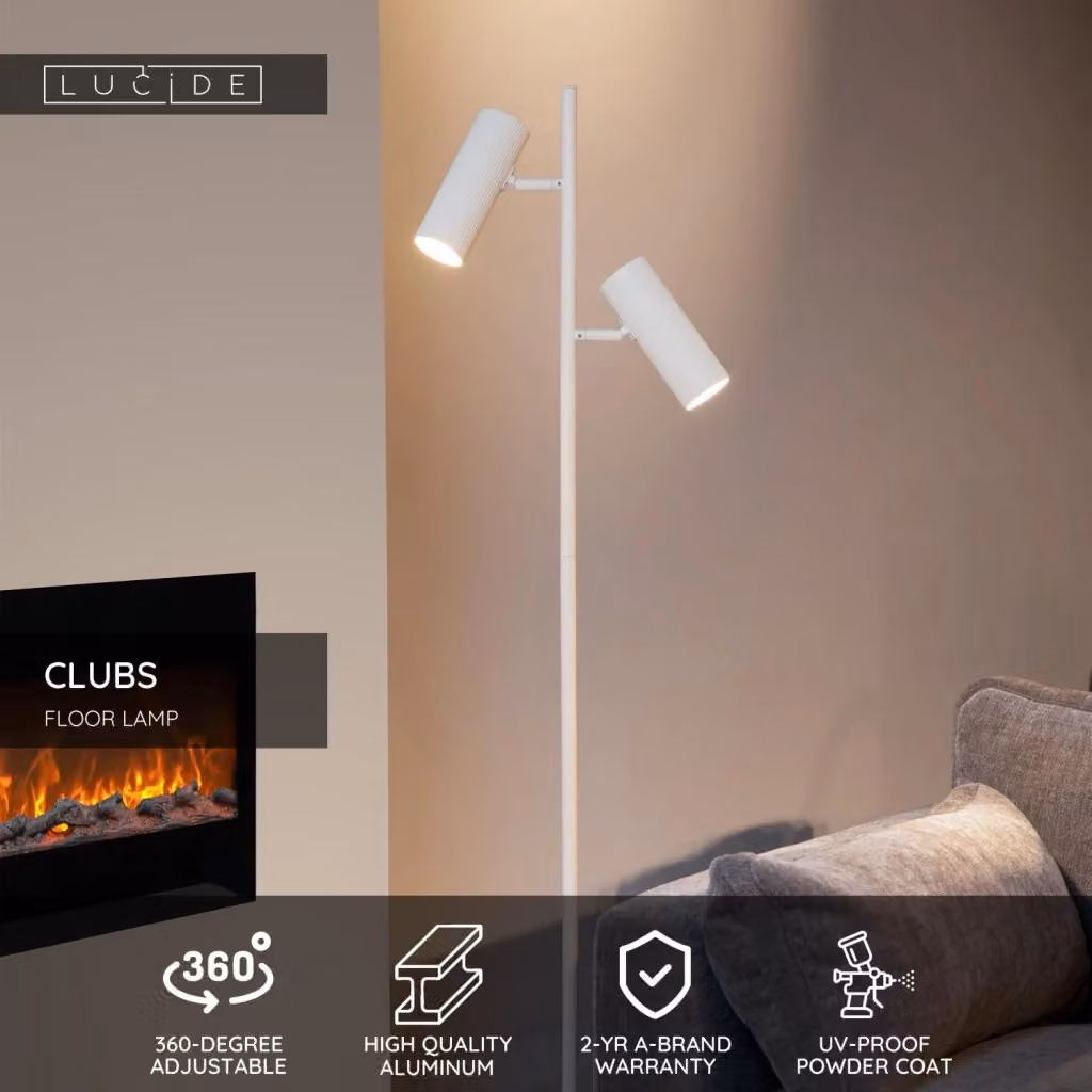 Lampada da terra Lucide CLUBS bianca in alluminio, regolabile e dimmerabile, 2xGU10, H: 140 cm, L: 22 cm, P: 22 cm – 2