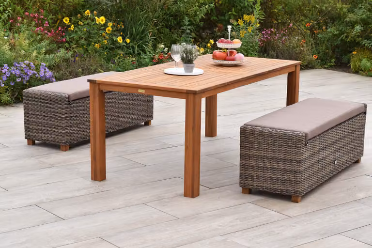 Set Merxx "Toskana" da 5 pezzi, 2 panche Toskana, 2 cuscini di seduta, 1 tavolo 185 x 90 cm, alluminio/intreccio in plastica/acacia