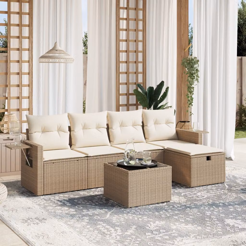 vidaXL Set Divano da Giardino a L 6 pz con Cuscini Beige e Tavolino in Vetro – 1