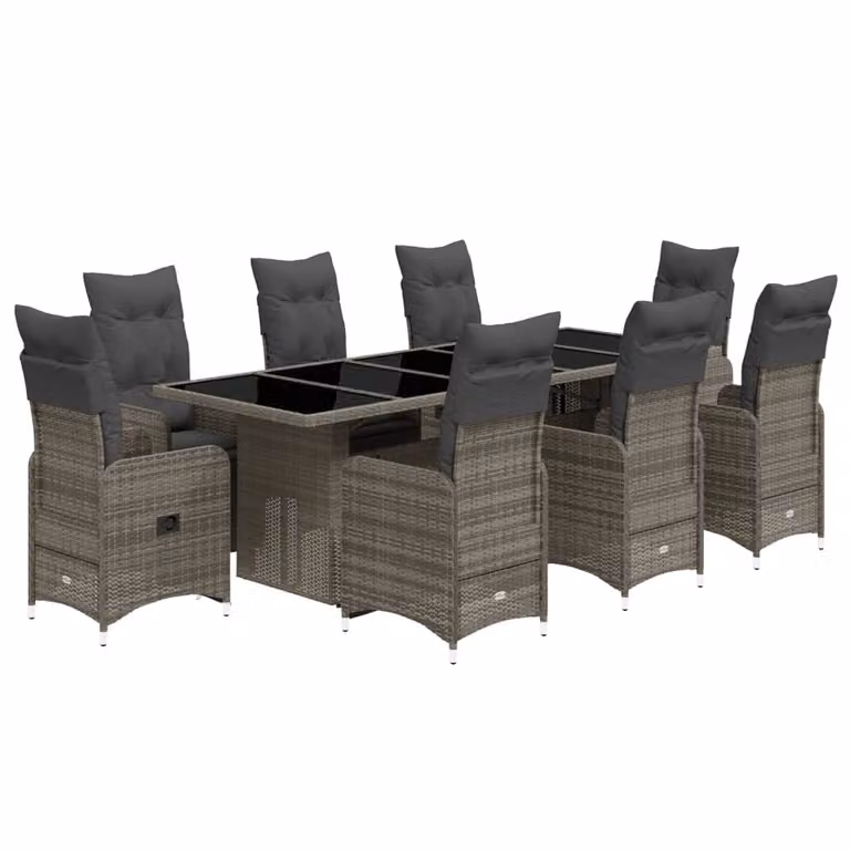 Set Bistrò da Giardino 9 pz con Cuscini in Polyrattan Grigio