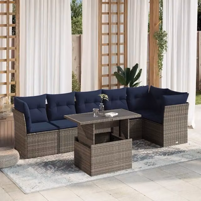 Set Divani da Giardino 7 pz con Cuscini Grigio in Polyrattan 3266601