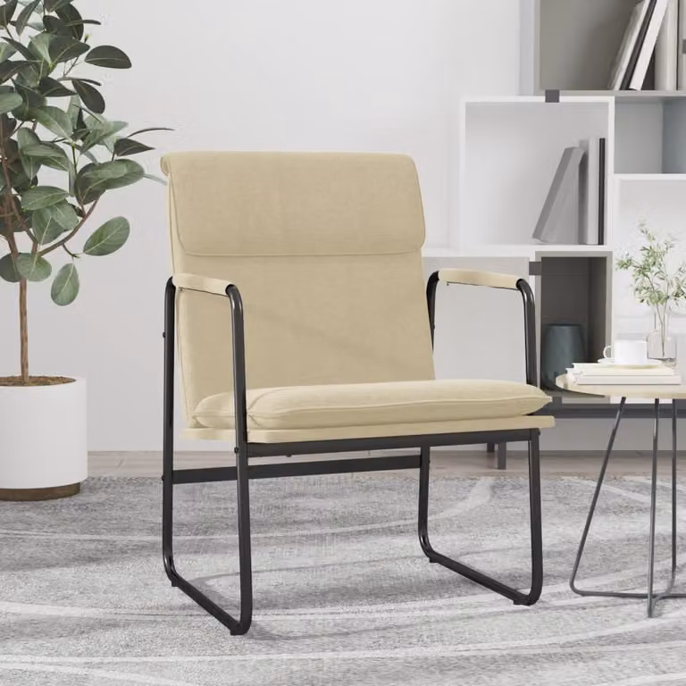 Sedia Lounge vidaXL in tessuto beige con struttura in metallo e legno, L: 55 cm, P: 64 cm, H: 80 cm