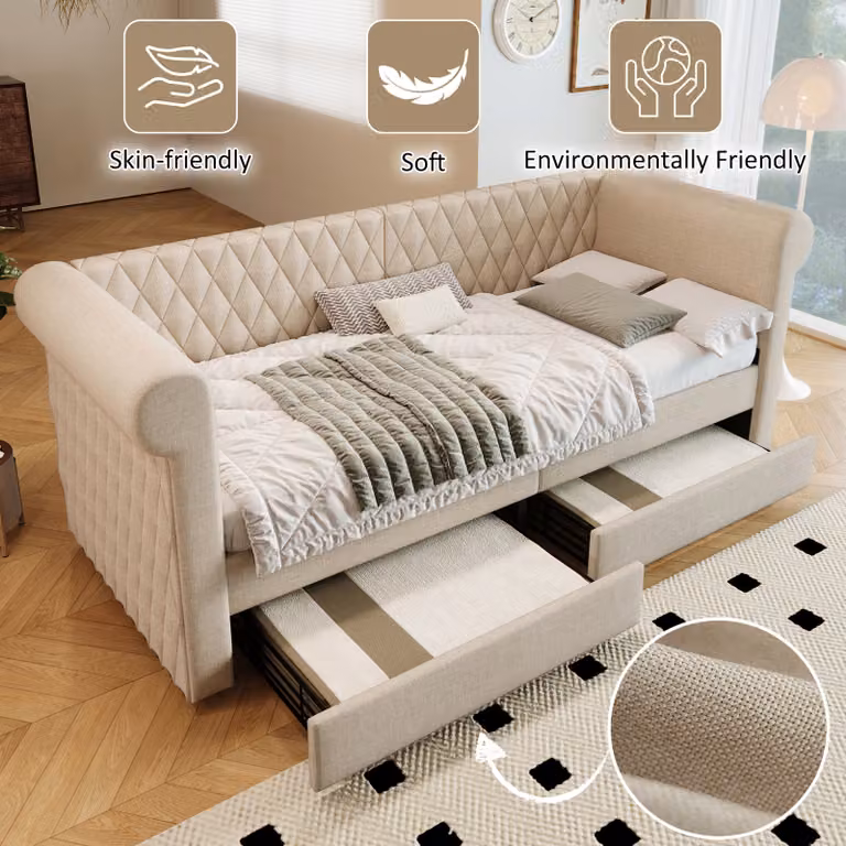 okwish Divano letto da giorno 90x200 cm con griglia in legno, letto imbottito con 2 cassetti e schienale alto (senza materasso) - beige