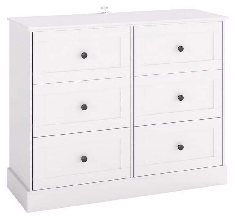 Comodino bianco con 6 cassetti, dimensioni 108 x 40 x 87 cm, con decorazioni in rilievo e maniglie in metallo nero