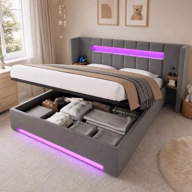 Letto contenitore 160 x 200 cm in velluto grigio scuro con LED; USB e vani laterali
